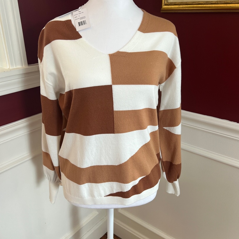 Elegant V-Neck Color Block Sweater - Cream and Brown